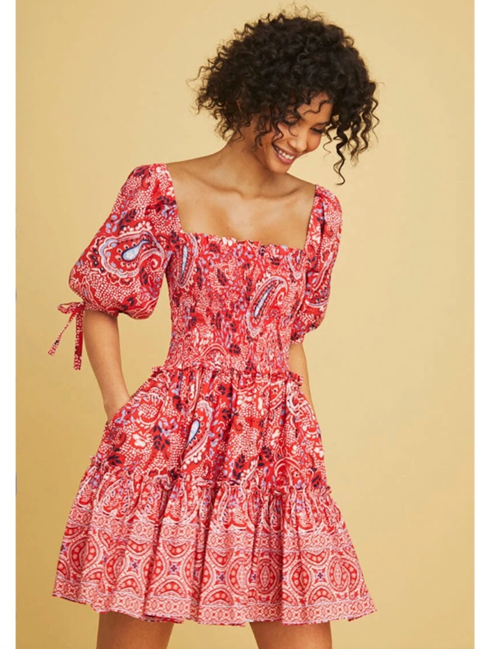 CARA CARA "Lenny" Paisley Print Puff-Sleeve Dress w/ Smocking NWOT/sz M